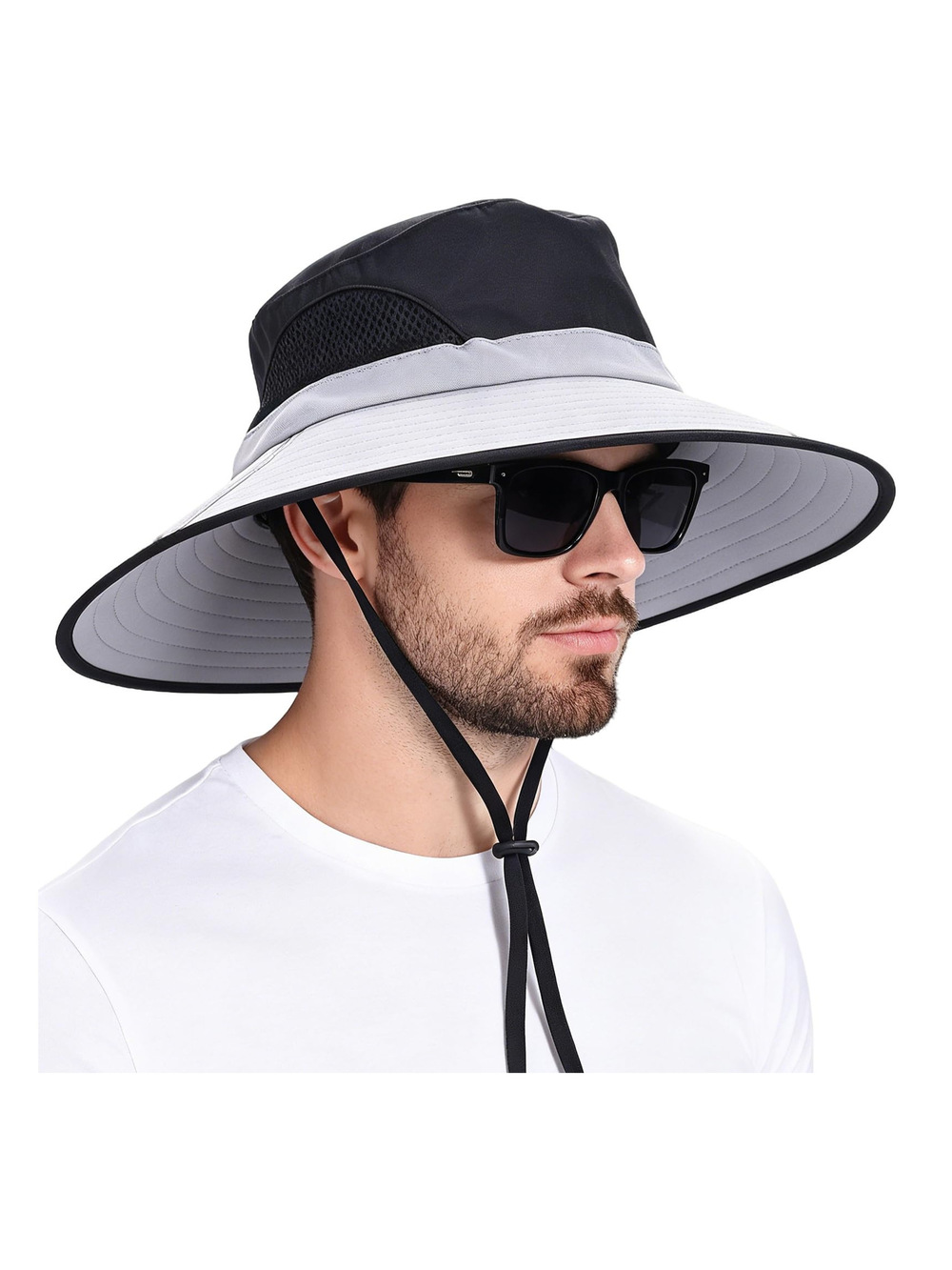 Wide Brim Sun Bucket Hat, Waterproof Boonie Hat | Light Gray, Black | Size OS
